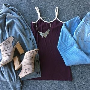 Burgundy tank with cream lace trim